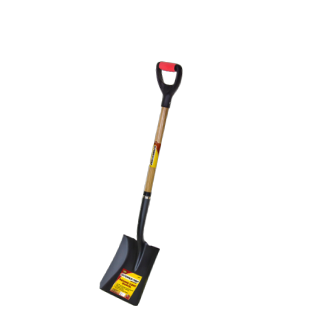 Introducing the G-Force Square Point Shovel by G FORCE, featuring a 43 in. durable steel blade and a wooden D-handle with a red and black rubber grip for comfort. A handy label on the sleek black blade ensures easy identification, making it perfect for all your digging needs.